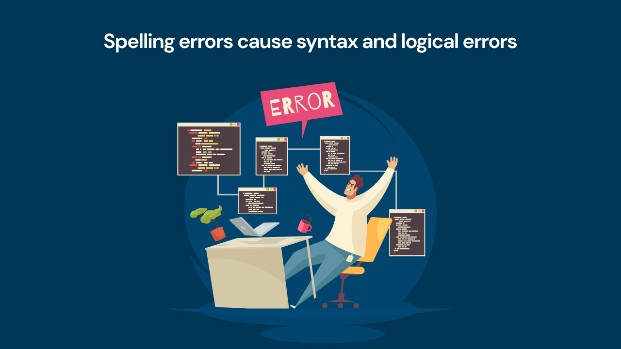 Spelling errors cause syntax and logical errors